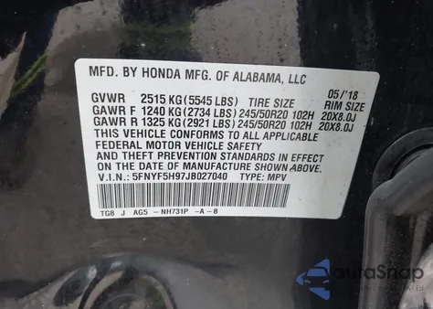 2018 Honda Pilot Touring из США, поврежденный, VIN 5FNYF5H97JB027040